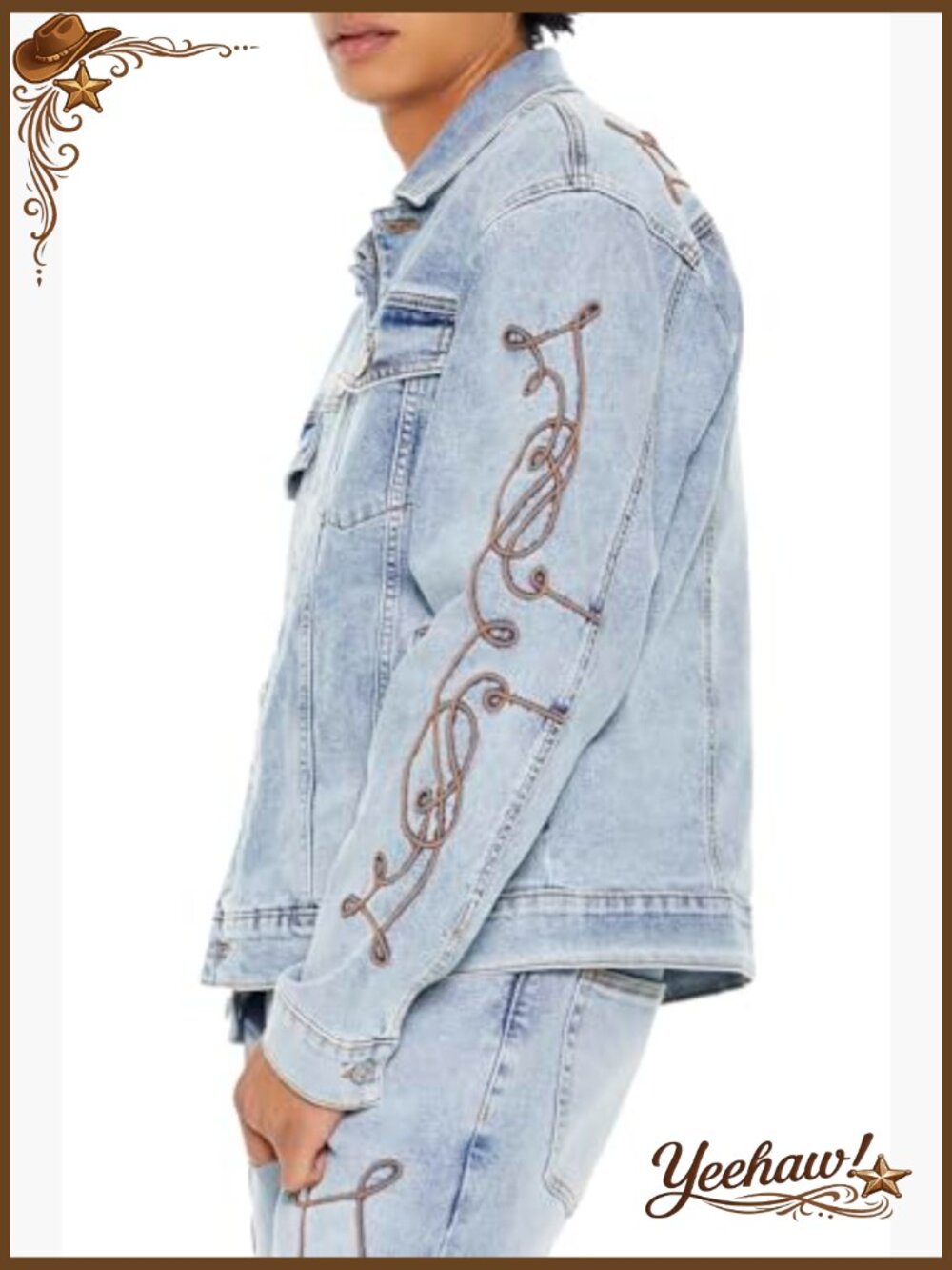 Men's Embroidered Denim Trucker Jacket - Lightweight Stretch - Picture 4 of 6